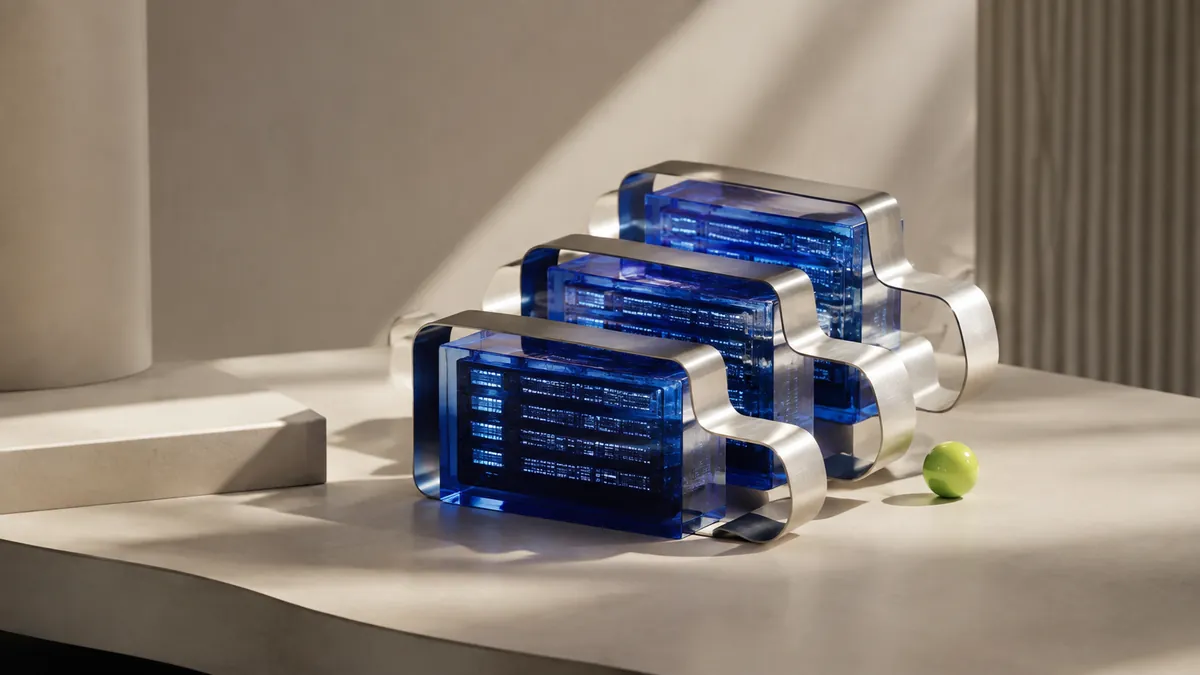 Blue glass computing modules connected by metal loops, illustrating integrated software systems